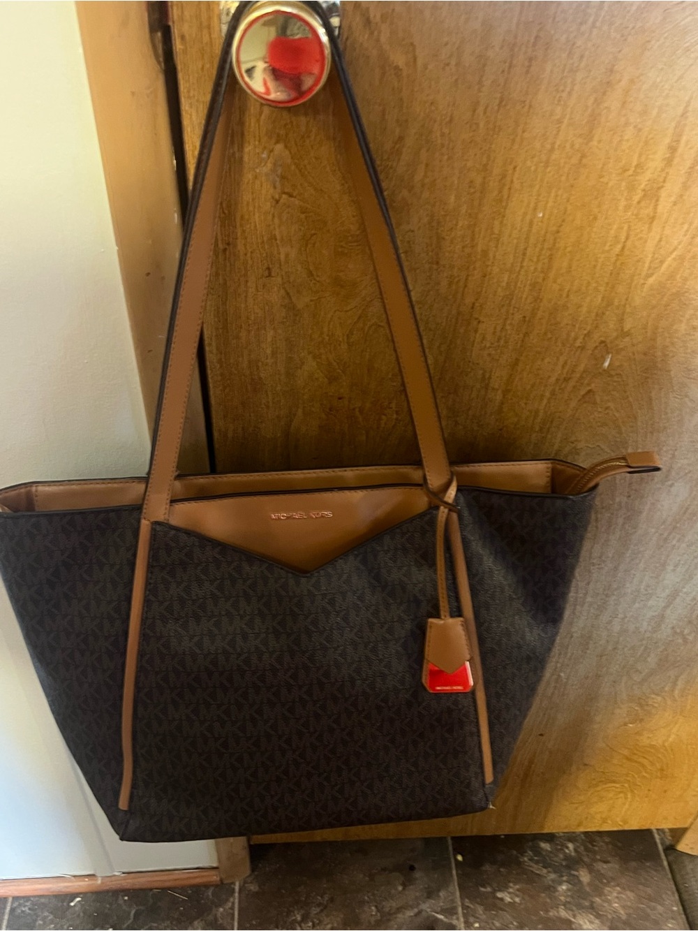 Michael Kors Dark Brown MK Logo Tote with Tan Trim and Red Tag Accent